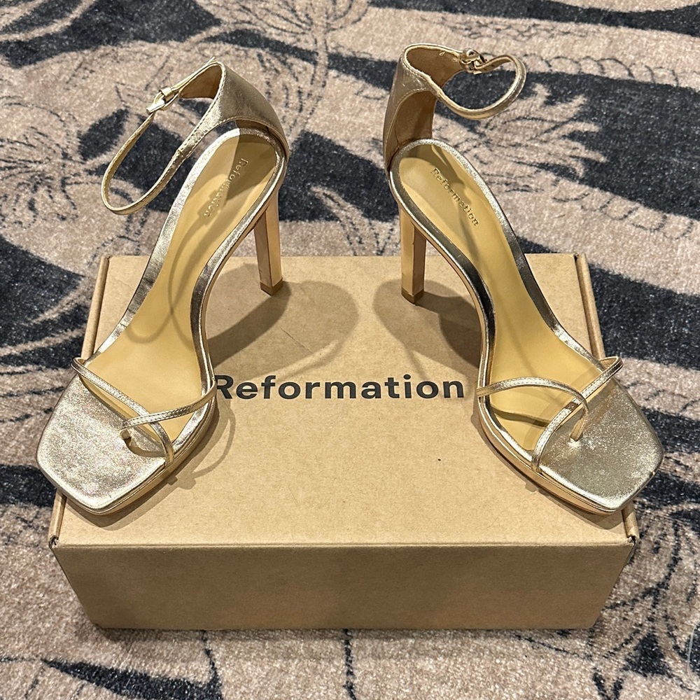 Reformation Metallic Gold Ankle Strap Heels